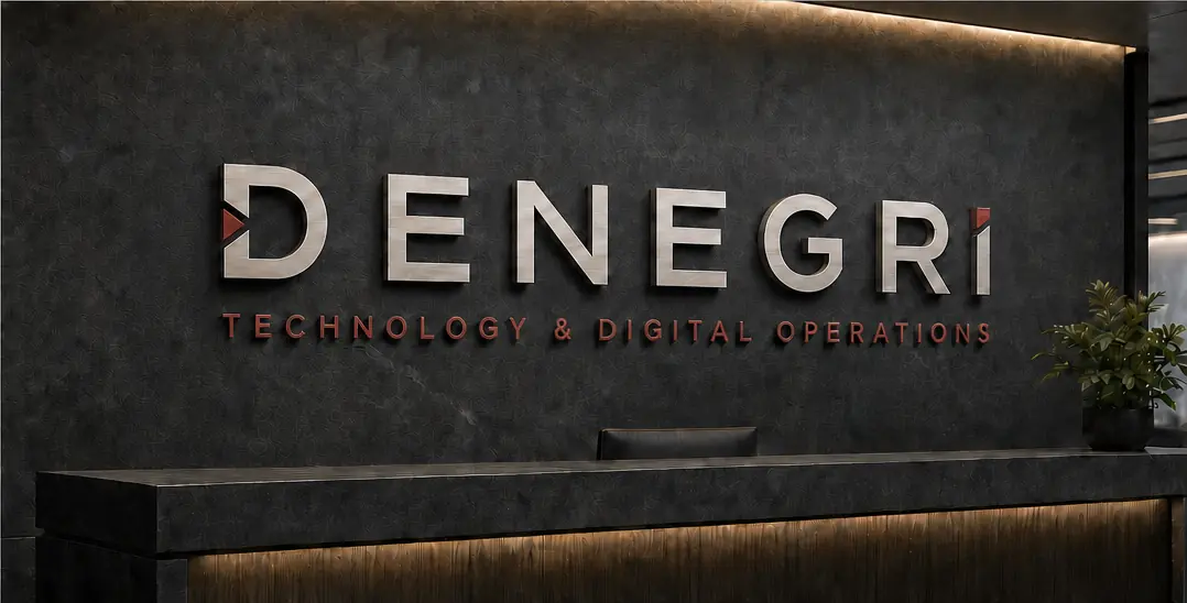 DENEGRI wall sign in warm architectural light